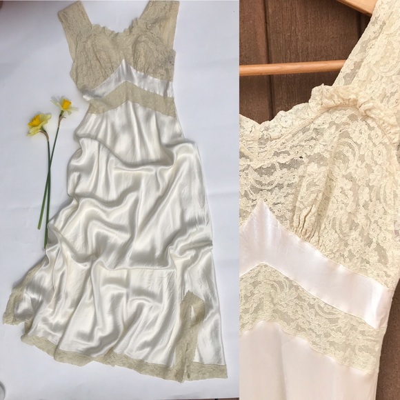 Vintage Dresses & Skirts - Vintage 1940s Lace Satin Slip Dress Maxi XXS